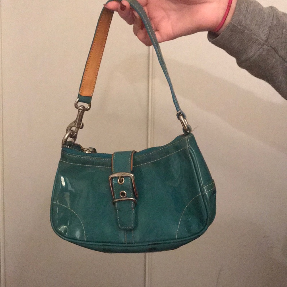 Turquoise patten  leather coach purse